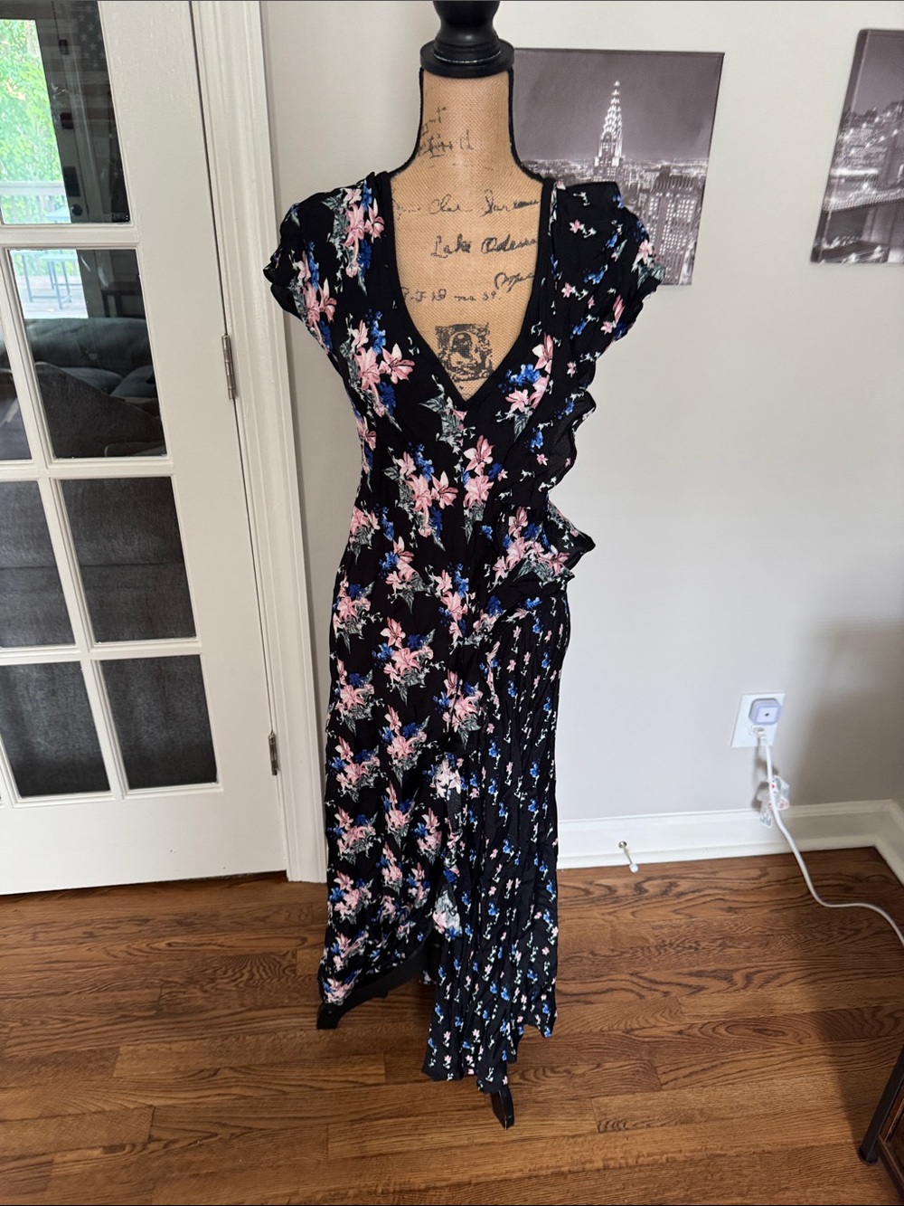Black Floral V-Neck Women’s Dress with Pink & Blue Flowers